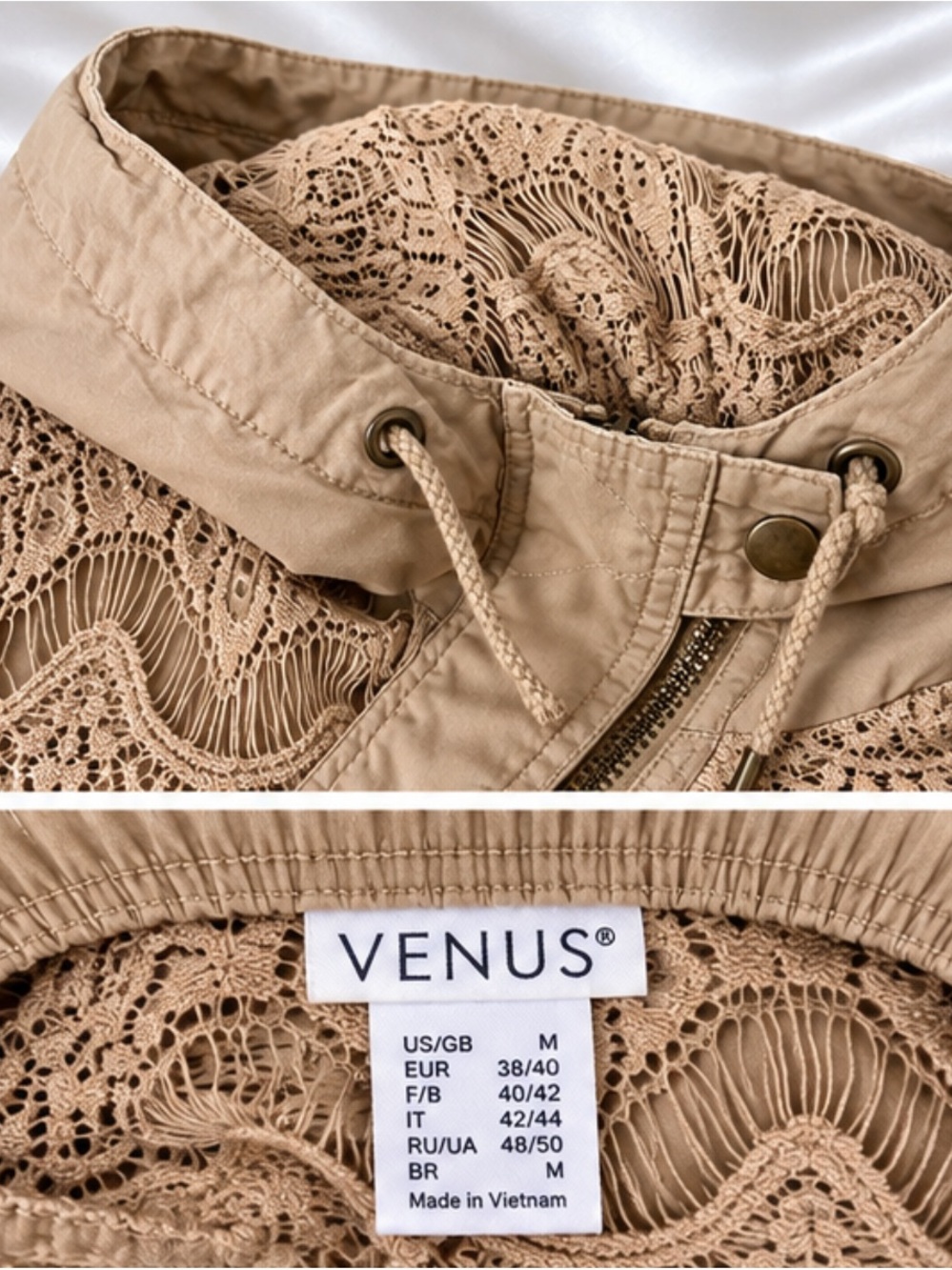 VENUS Beige Crochet Lace Utility Jacket Size M Hooded Boho